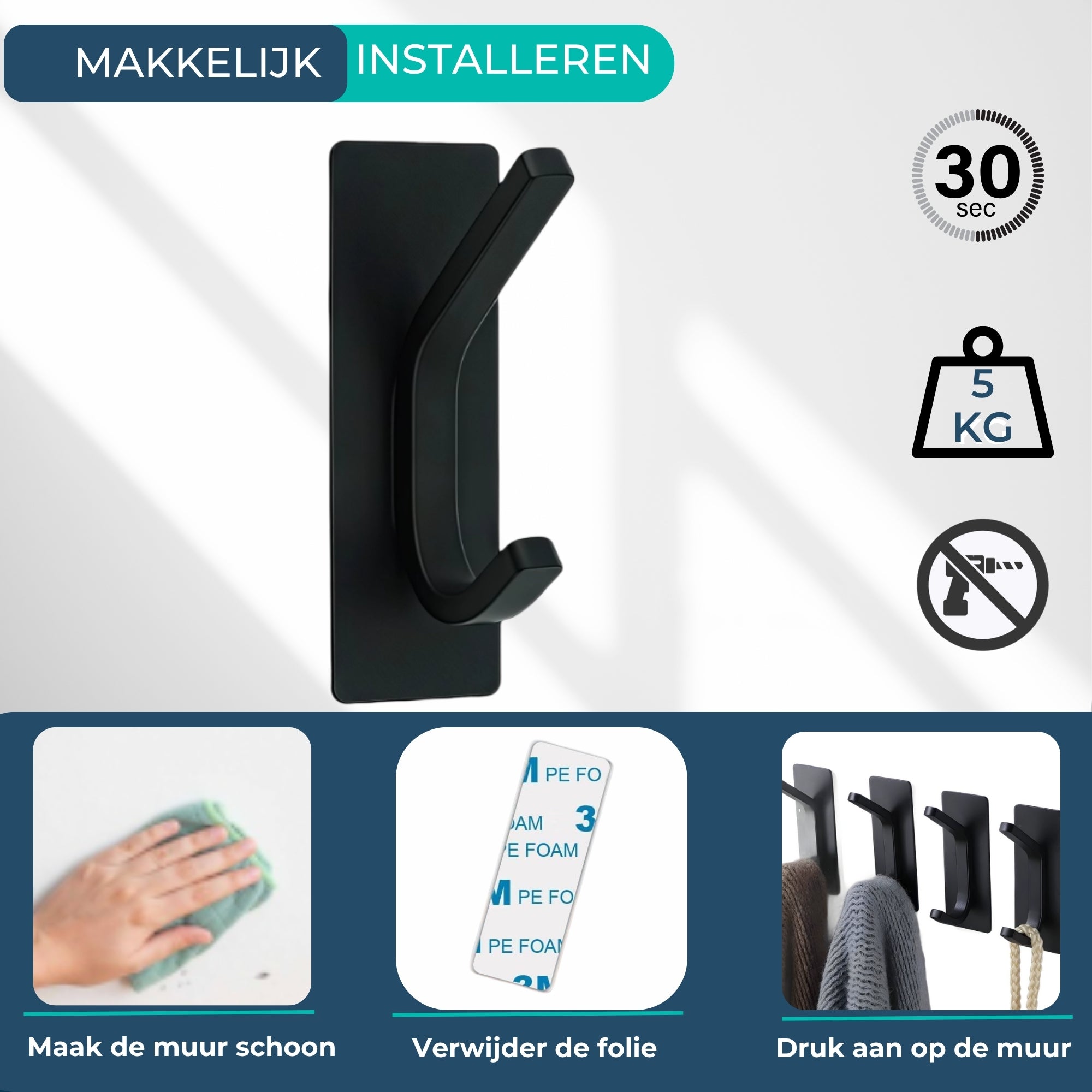 Handdoekhaakjes (4x) - Zelfklevende Haakjes - Handdoekhouder