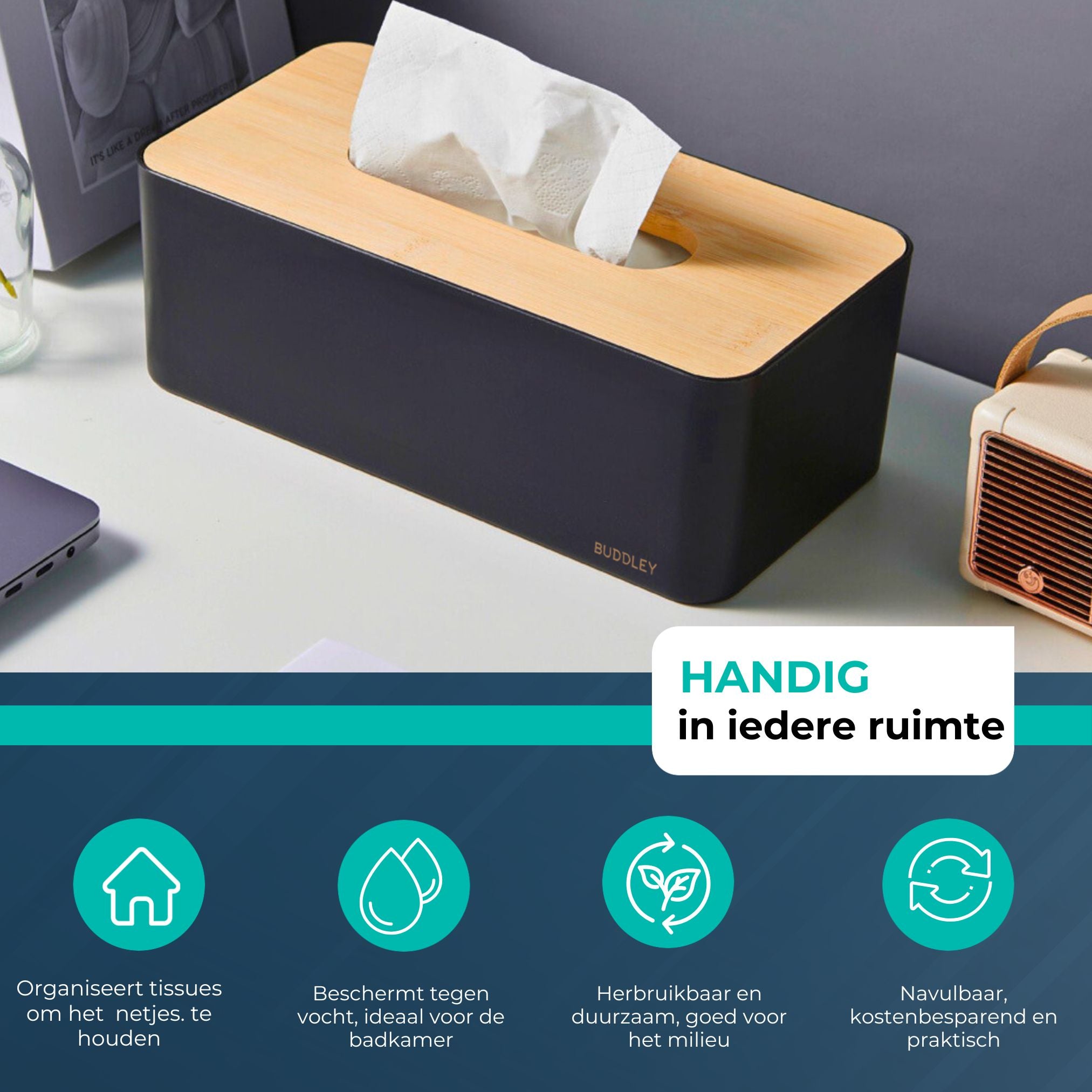 Zwarte Tissuedoos | Bamboe Deksel