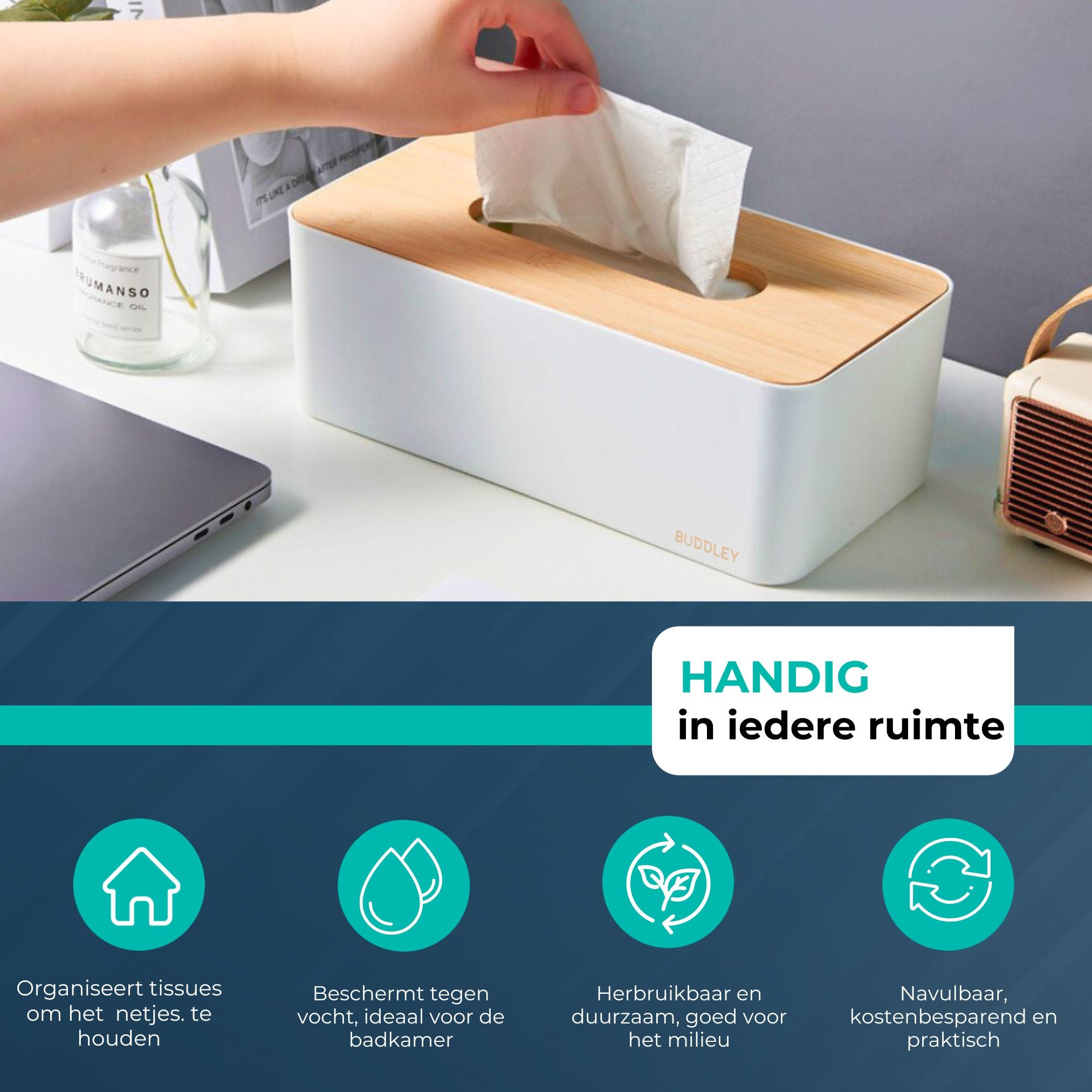 Witte Tissuedoos | Bamboe Deksel