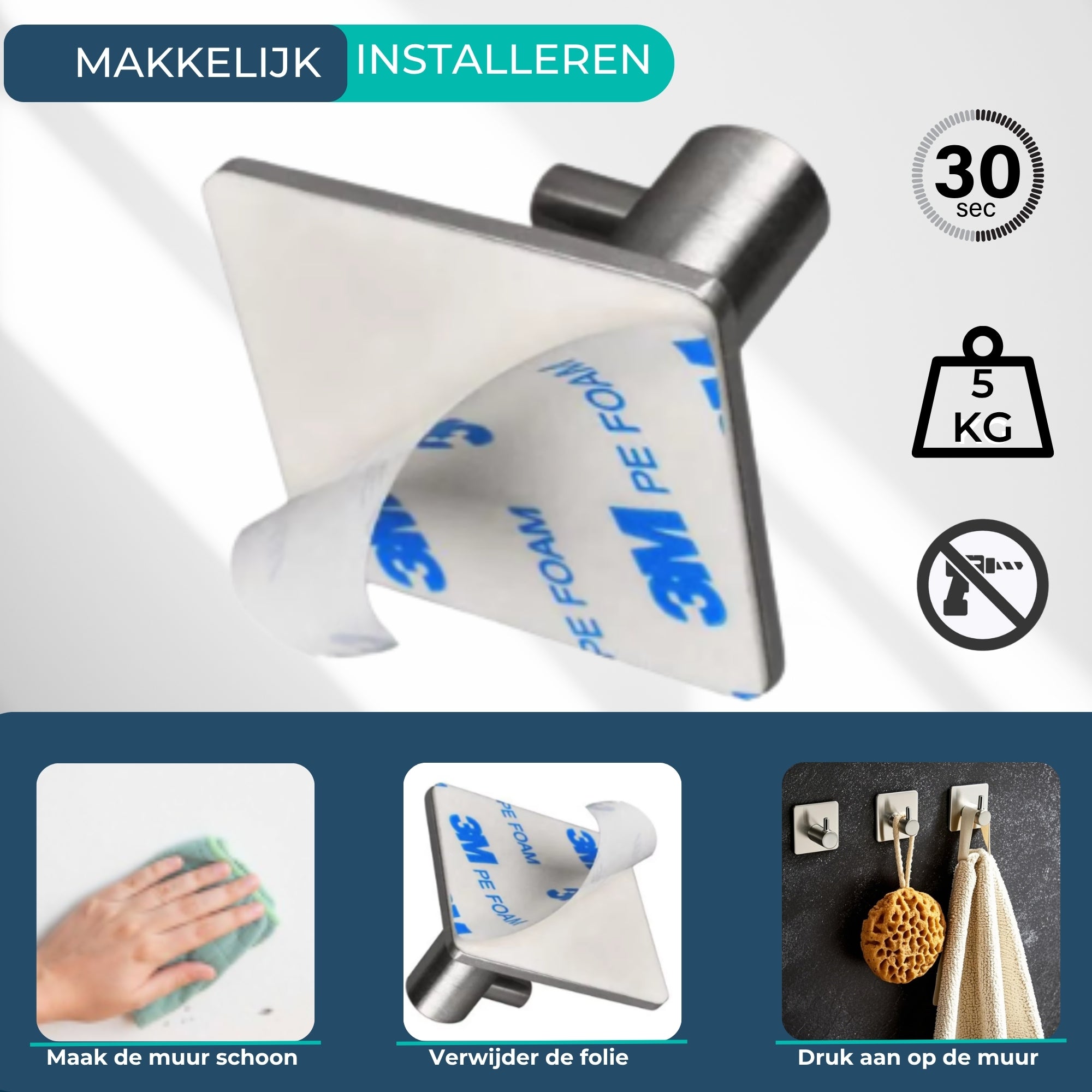 Handdoekhaakjes (4x) - Zilver - Zelfklevende Haakjes