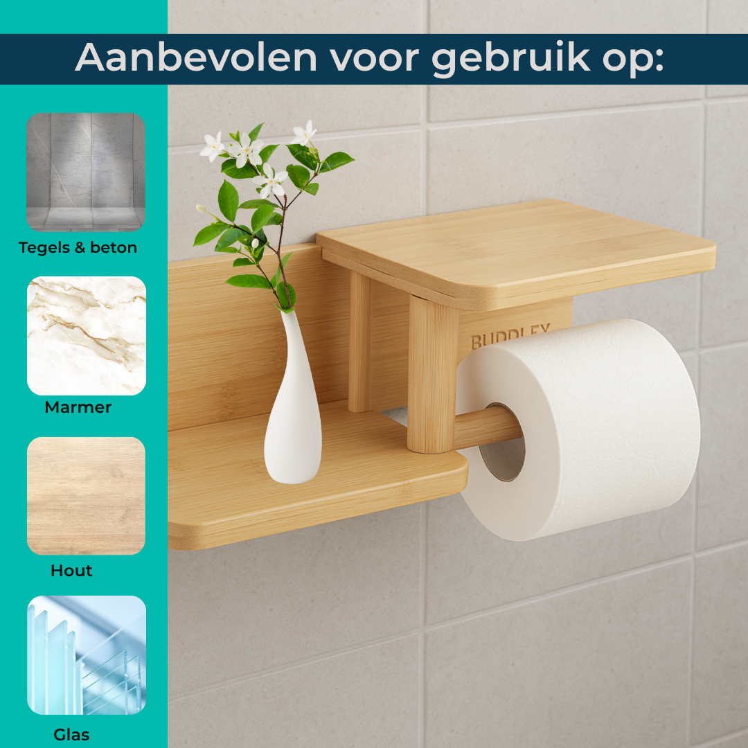 Toiletrolhouder Bamboe - Zonder boren - Zelfklevend - Met plankje