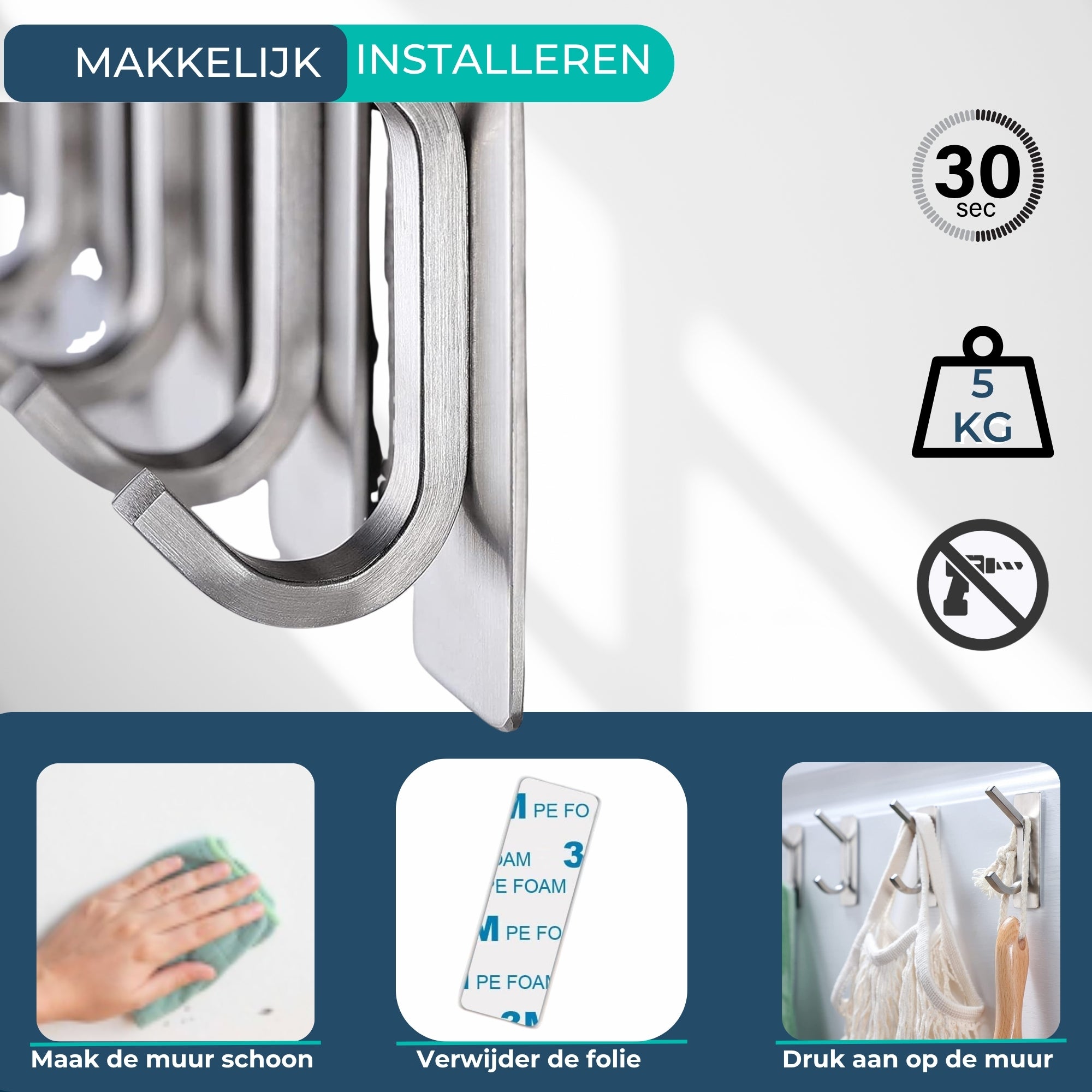 Handdoekhaakjes (4x) - Zilver - Zelfklevende Haakjes