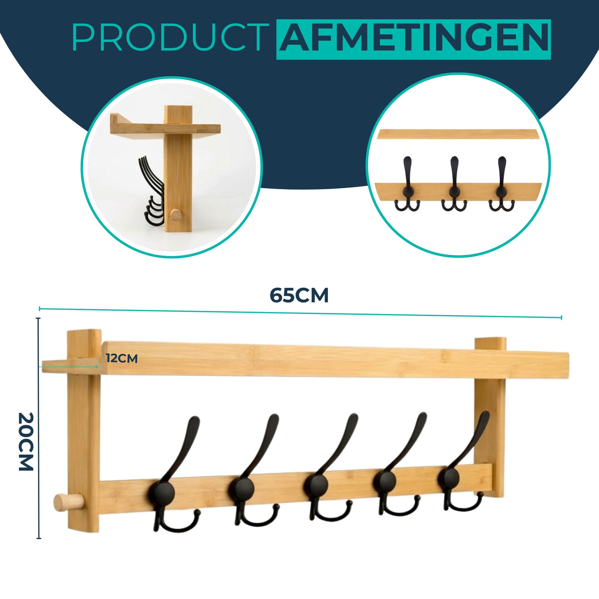 Produktmaße der Bambus-Wandgarderobe mit Ablage: 65 cm breit und 20 cm hoch, mit 5 Haken und 15 Aufhängepunkten