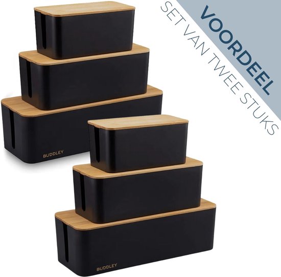 Kabelbox Zwart met Bamboe cover | (SET)Twee stuks