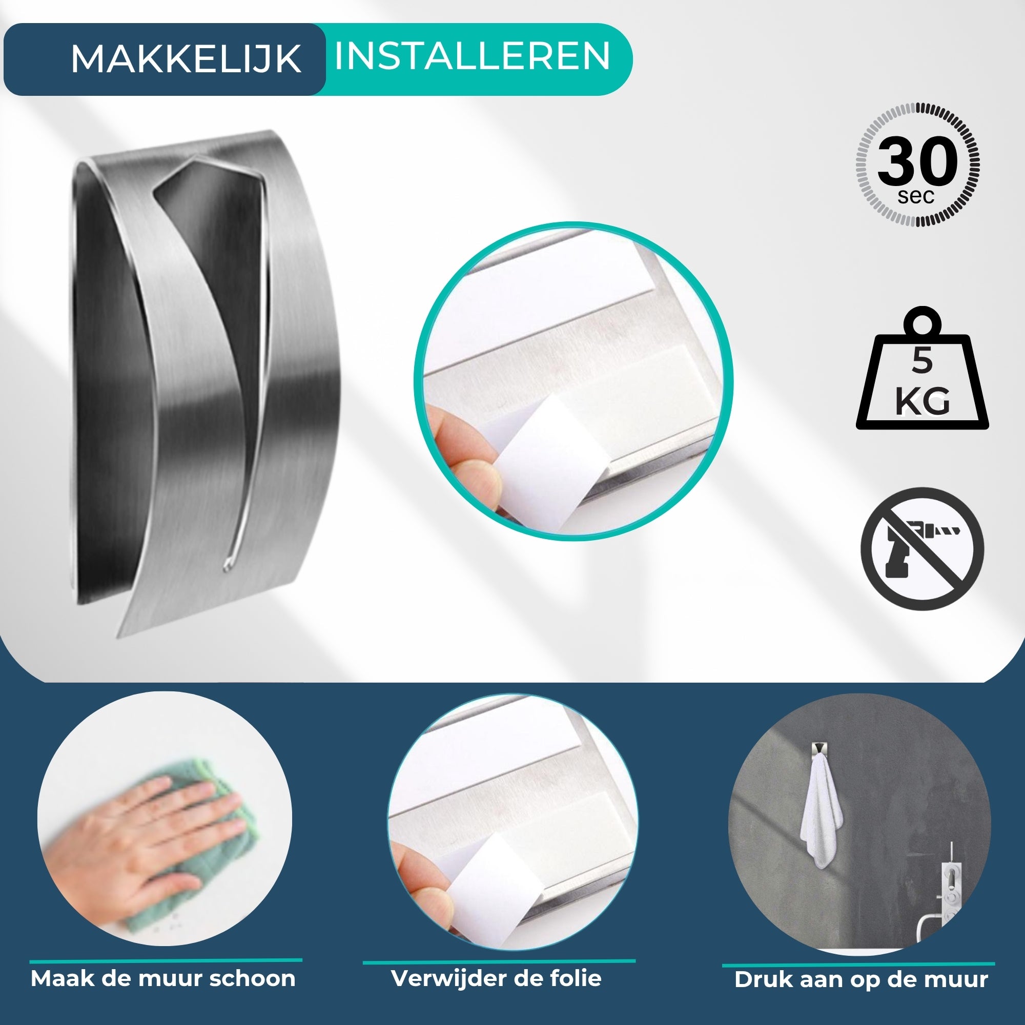 Handdoekhaakjes (4x) - Zilver - Zelfklevende Haakjes