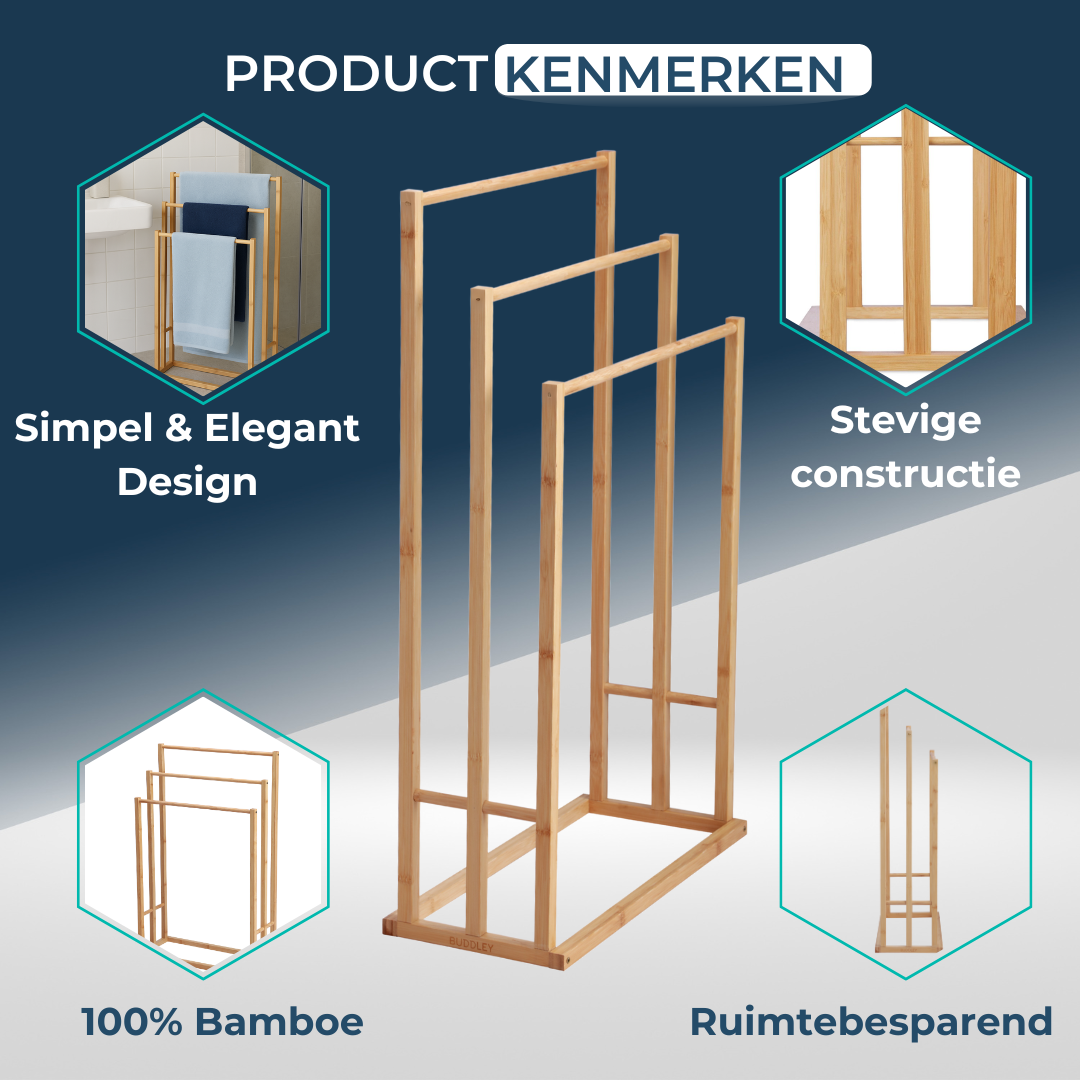 Handdoekrek Bamboe - Vochtbestendig - Handdoekrek staand - Vrijstaand