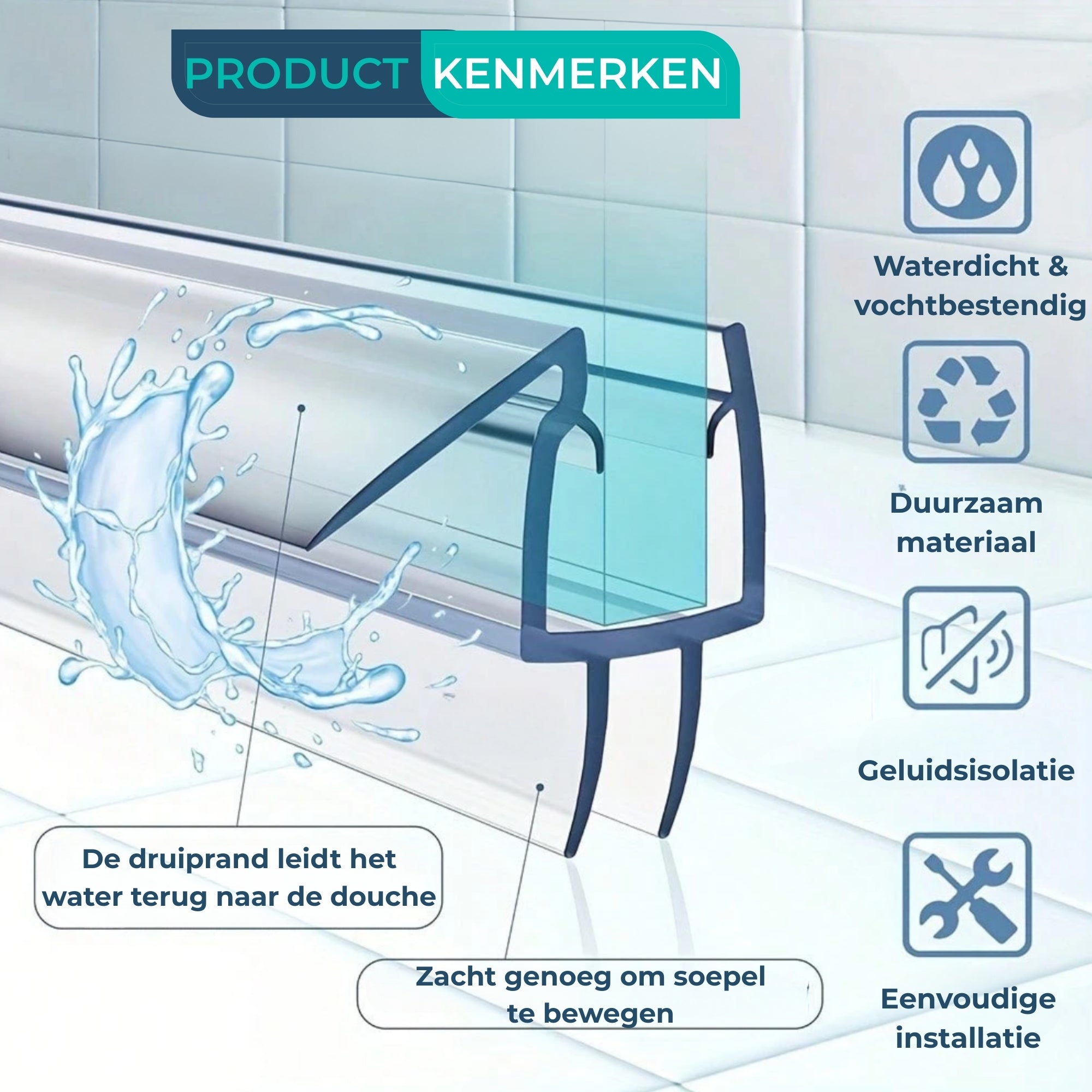 Douchedeurafdichting - 90cm - Inclusief reserve strip - Douchestrip