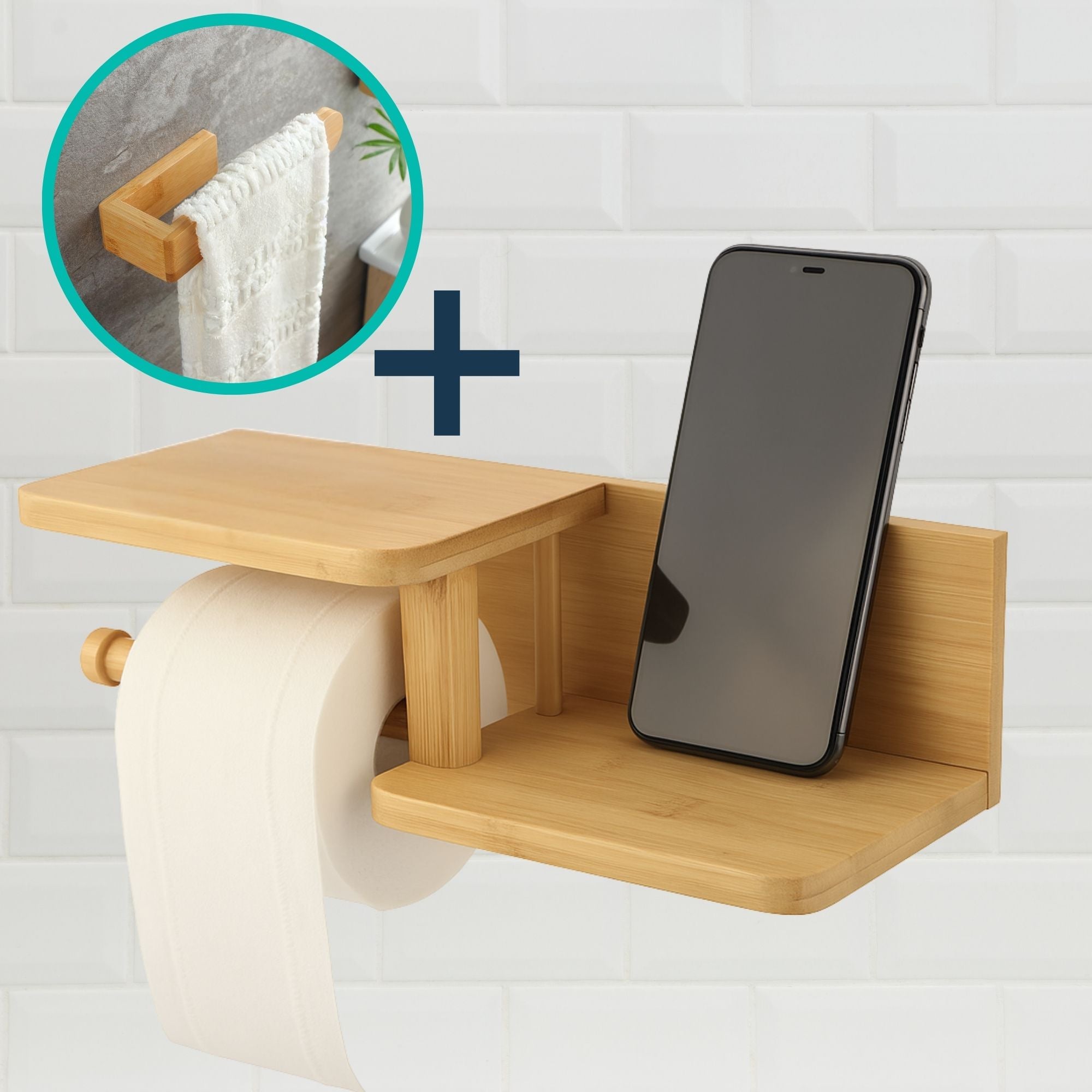 Toiletrolhouder Bamboe - Zonder boren - Zelfklevend - Met plankje