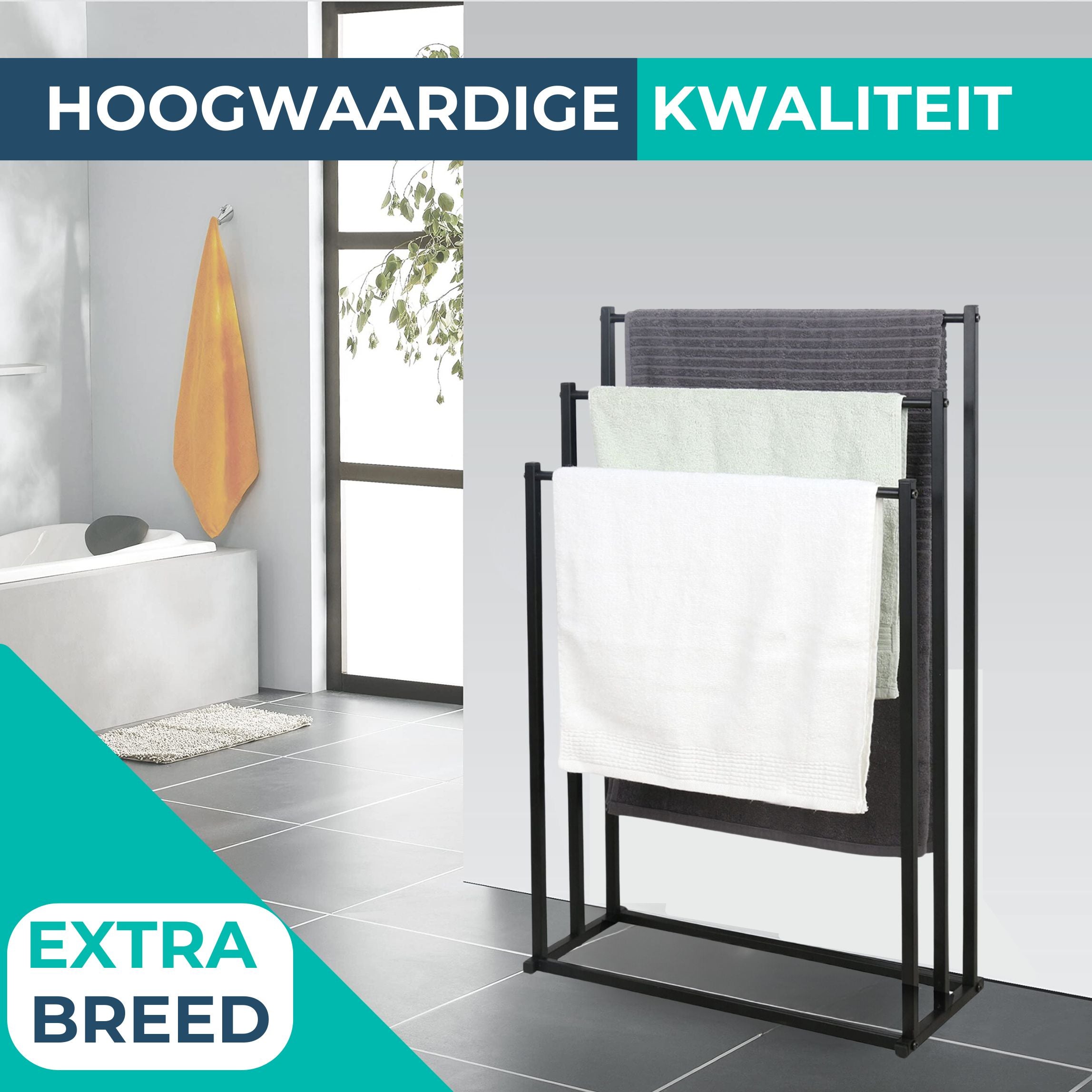 Infographic toont extra breed handdoekrek met 3 stangen gebruikt in moderne badkamer met witte tegels en houten accenten.