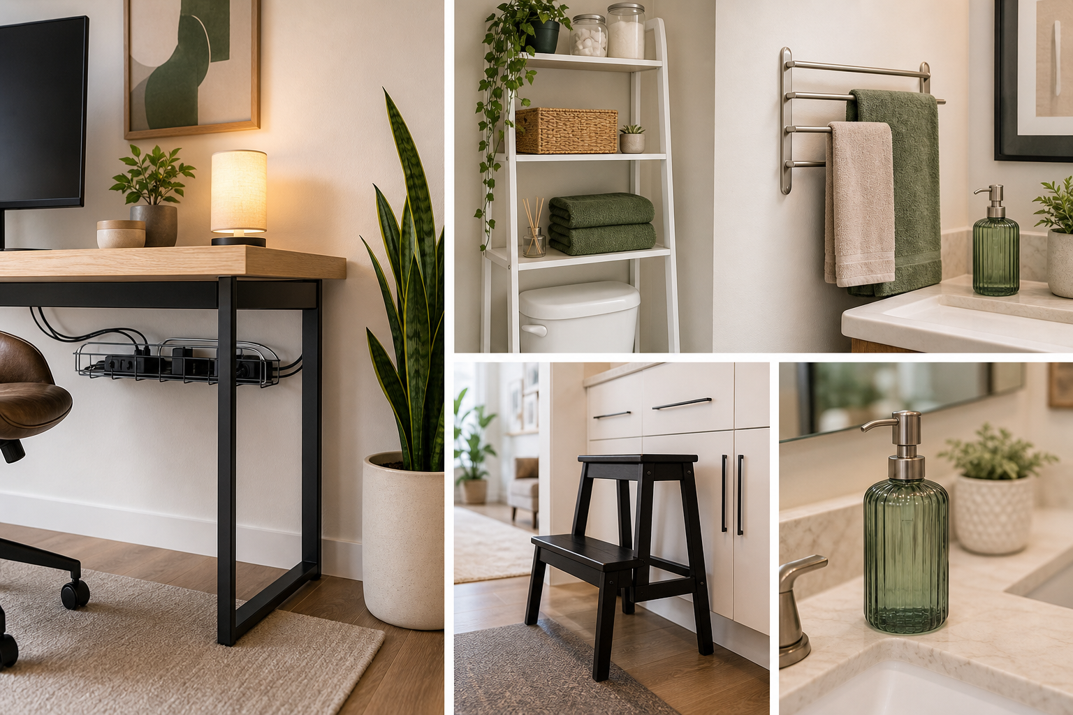 Modern interieur met kabelbeheer, badkameropslag, handdoekrek, opstapje en navulbare zeepdispenser