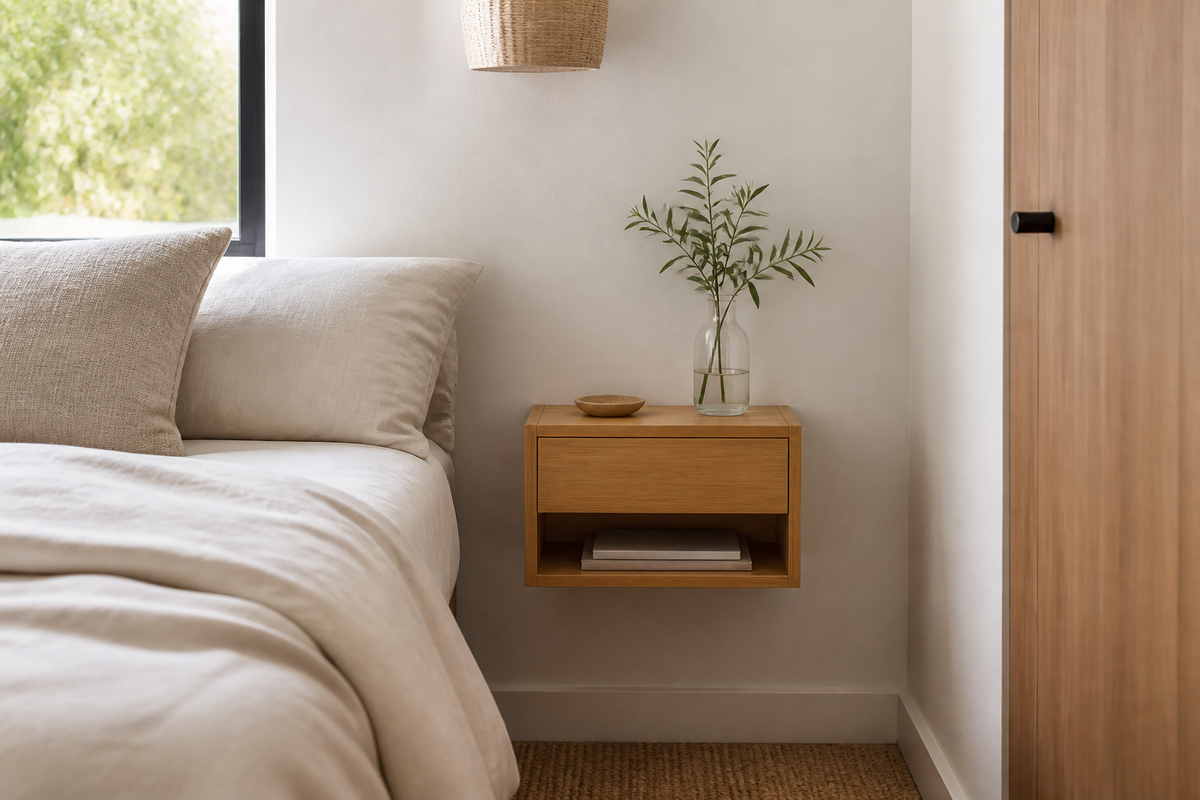 Kleine slaapkamer met een zwevend bamboe nachtkastje naast het bed