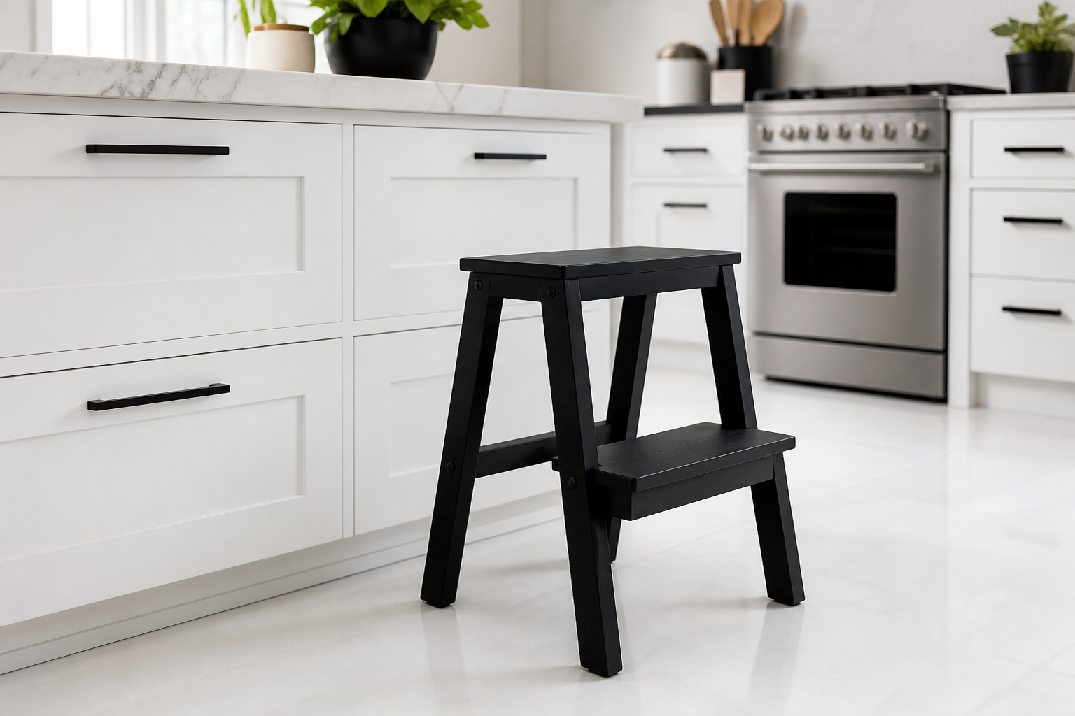 Zwart opstapkrukje in een moderne witte keuken