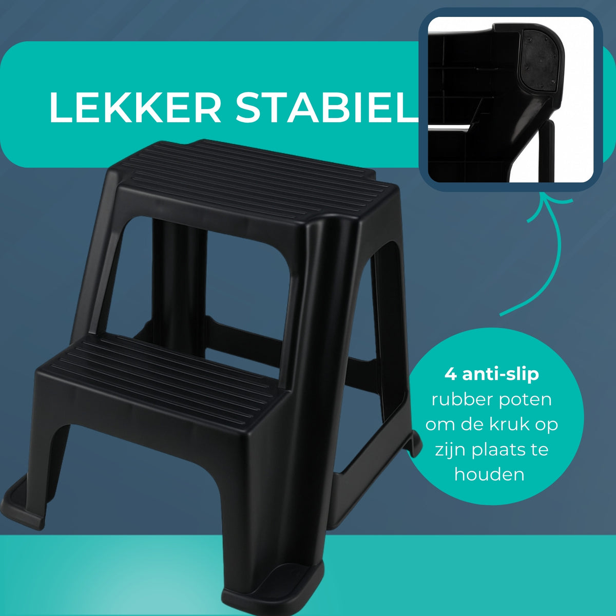 Zwart opstapkrukje met vier antislip rubber poten voor extra stabiliteit.