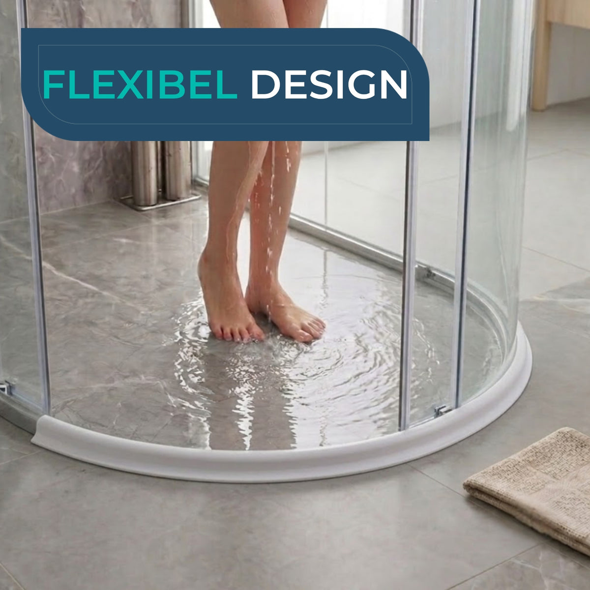 Flexibele waterstopper rond een douchecabine, water blijft in de douche.