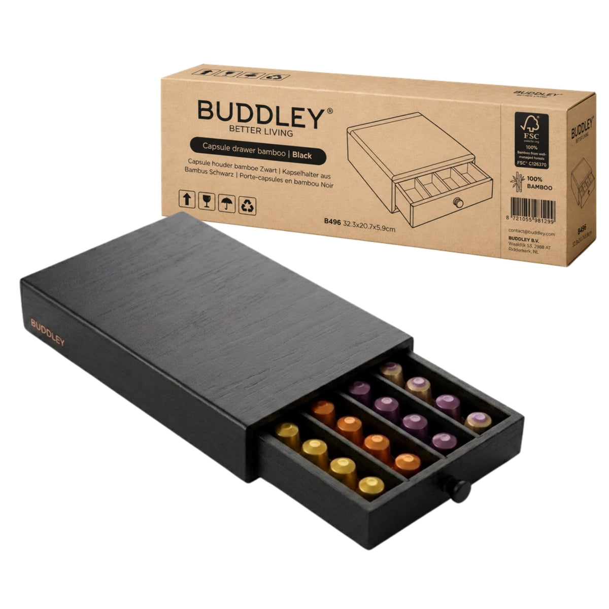 Lade van de zwarte capsulehouder met nespresso capsules