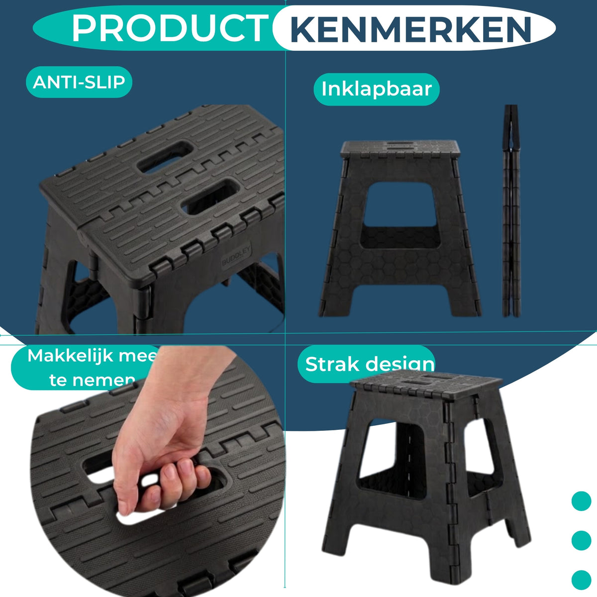 Zwart inklapbaar opstapje met antislip, 29 x 22 x 39 cm, eenvoudig te dragen en op te bergen.