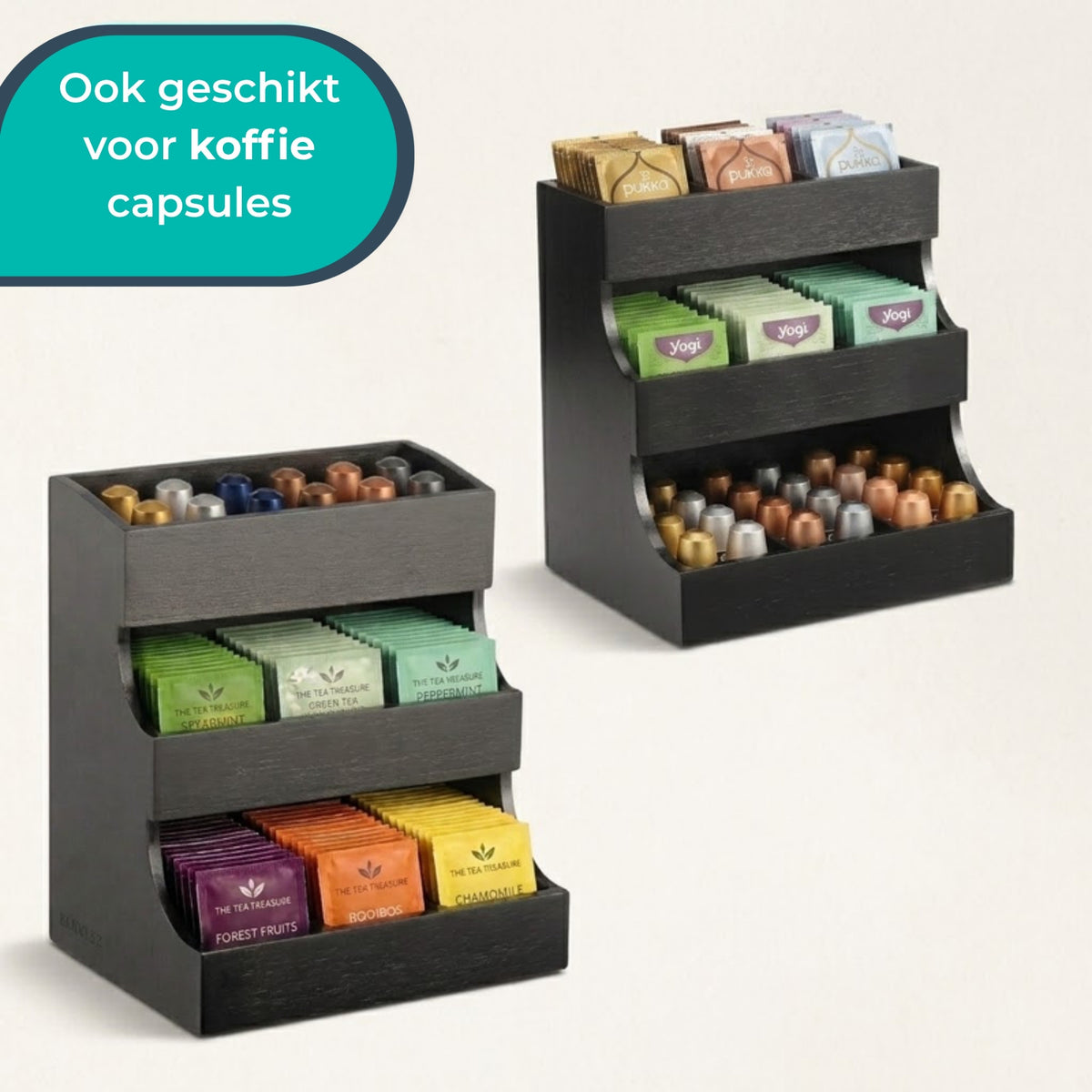 Zwarte thee organizer op het aanrecht