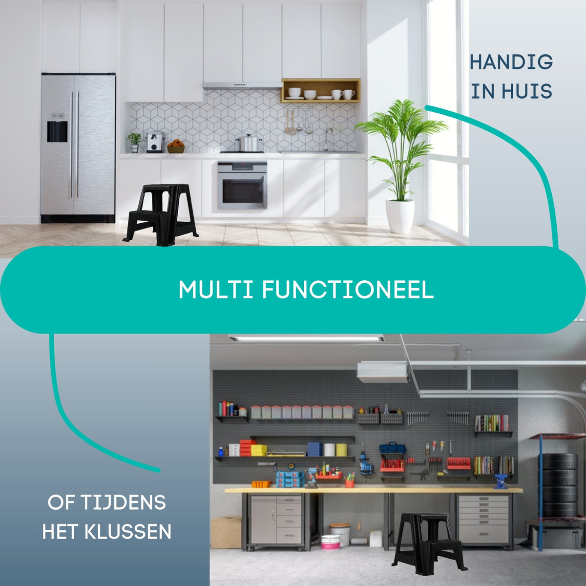 Zwart opstapkrukje met twee treden, handig in de keuken en tijdens het klussen in de garage.