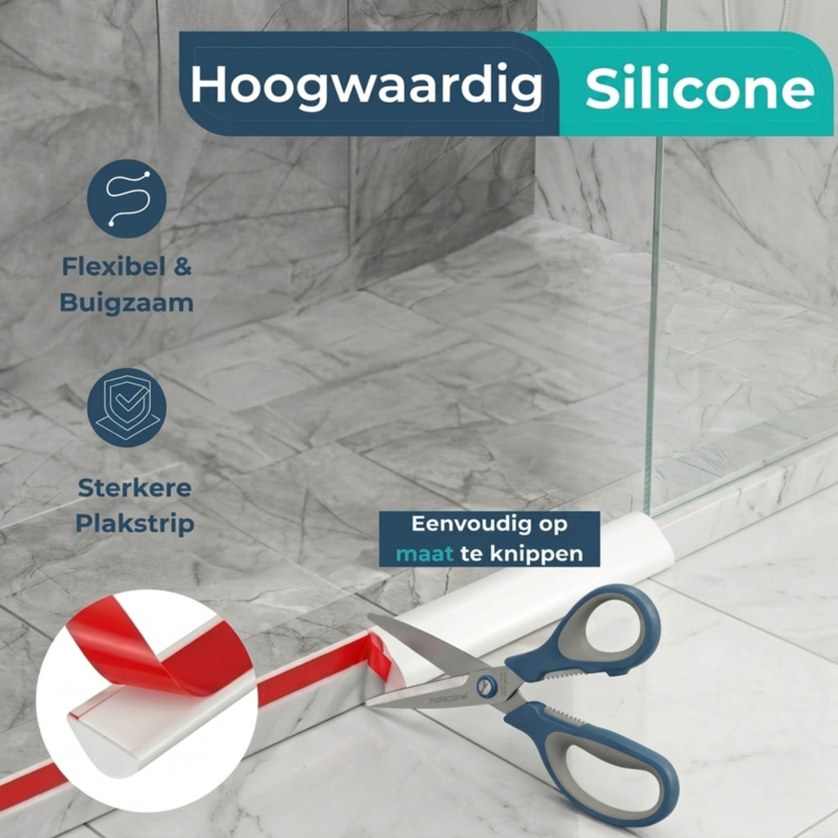 Waterstopper van hoogwaardig silicone die met een schaar op maat wordt geknipt.