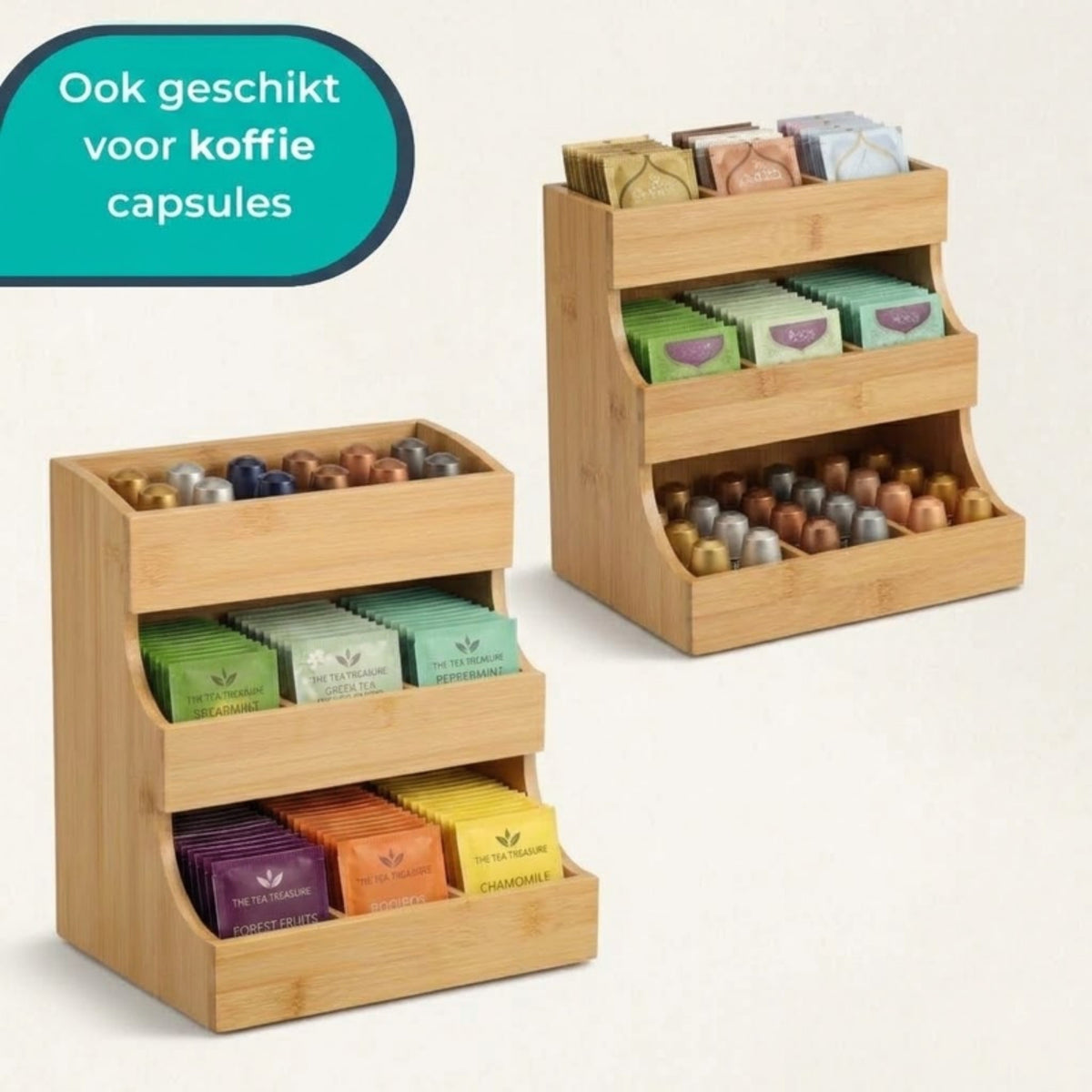 Negen vakken van de naturel theedoos van bovenaf
