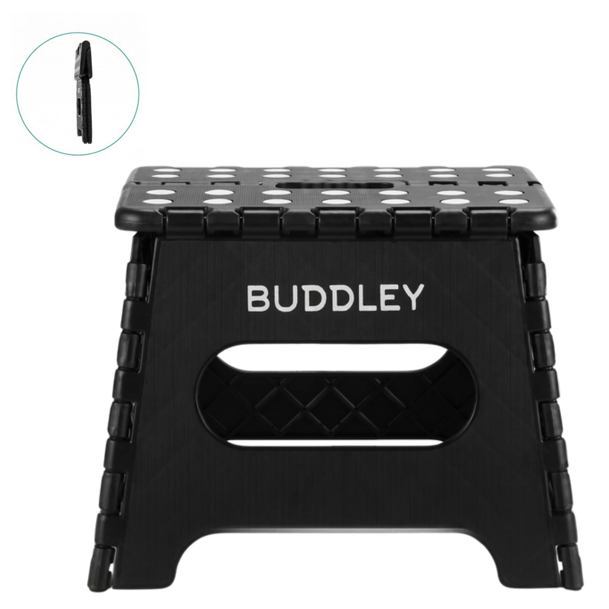 Compact, zwart inklapbaar opstapje met antislip oppervlak, geschikt voor kinderen en volwassenen, met logo BUDDLEY.