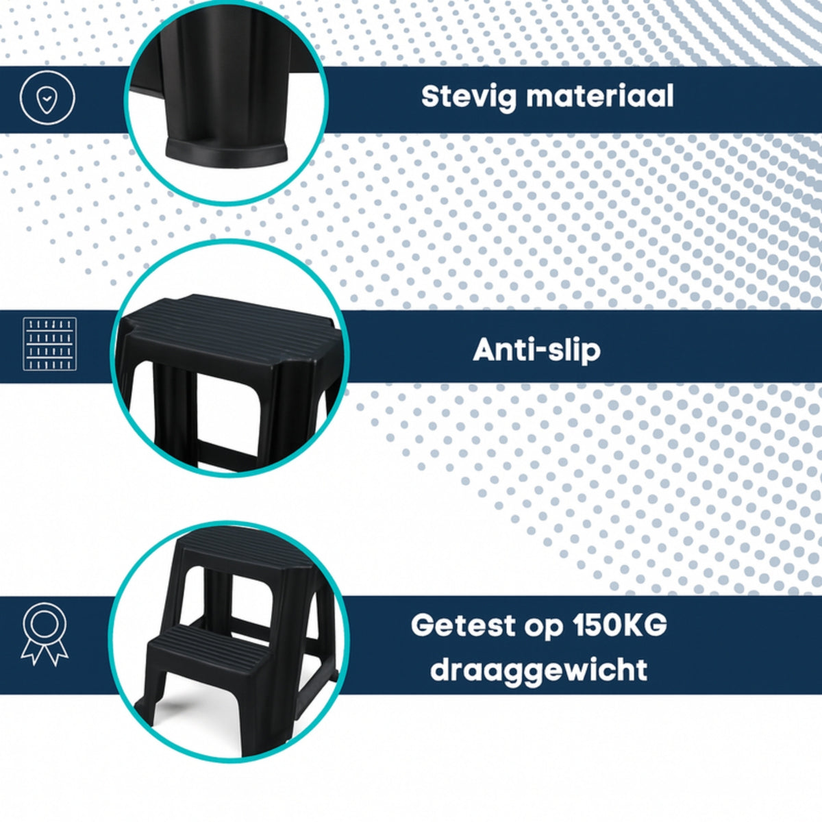 Zwart opstapkrukje van stevig materiaal, antislip en getest op 150 kg draagvermogen.