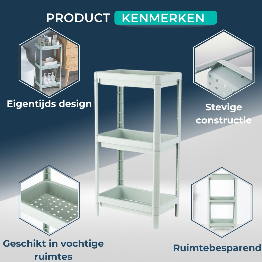 Productkenmerken van het badkamerrek met 3 etages: eigentijds design, stevige constructie, geschikt voor vochtige ruimtes en ruimtebesparend.