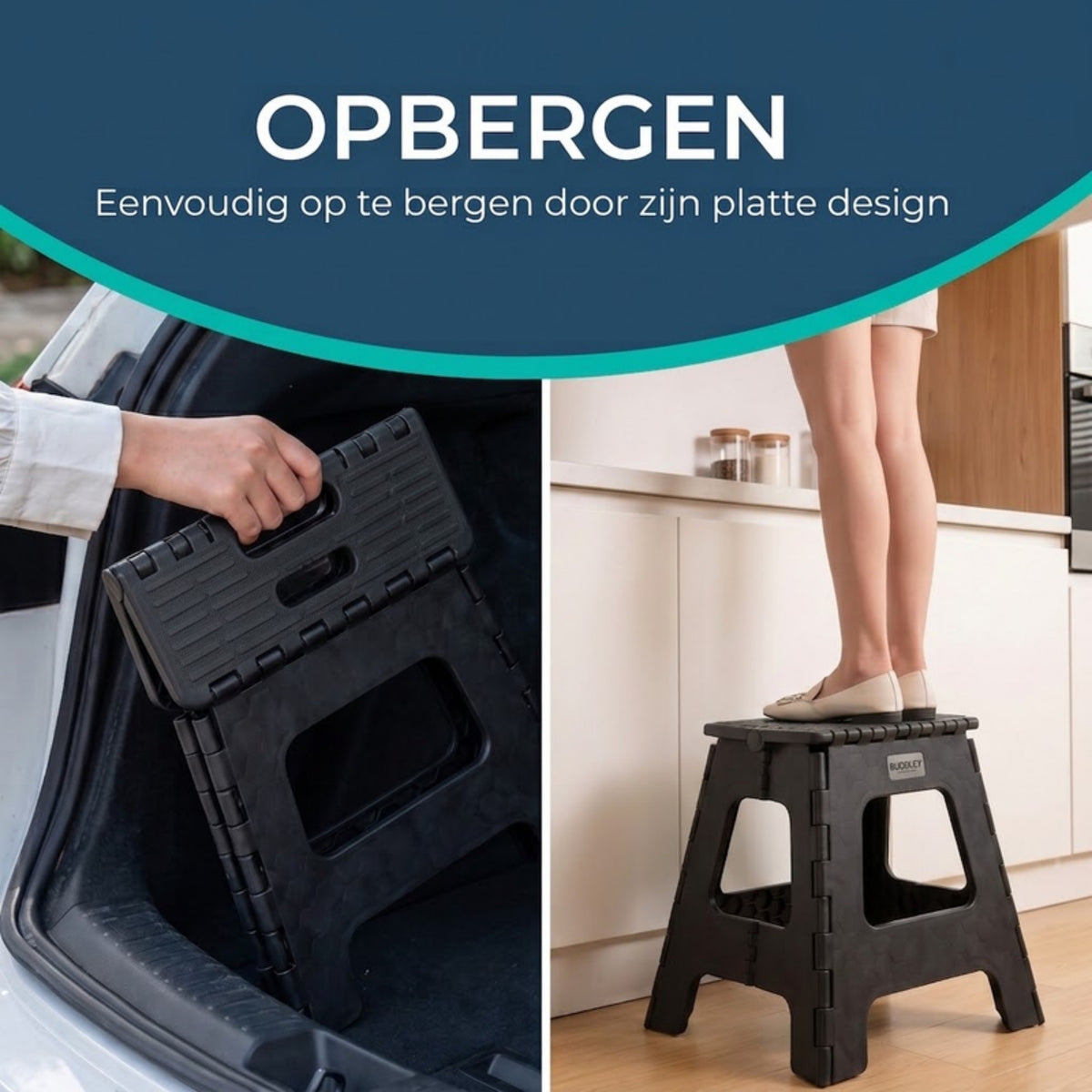 Inklapbaar opstapje XXL in zwart, gebruikt in de keuken met antislip oppervlak. Gemakkelijk op te bergen en lichtgewicht.