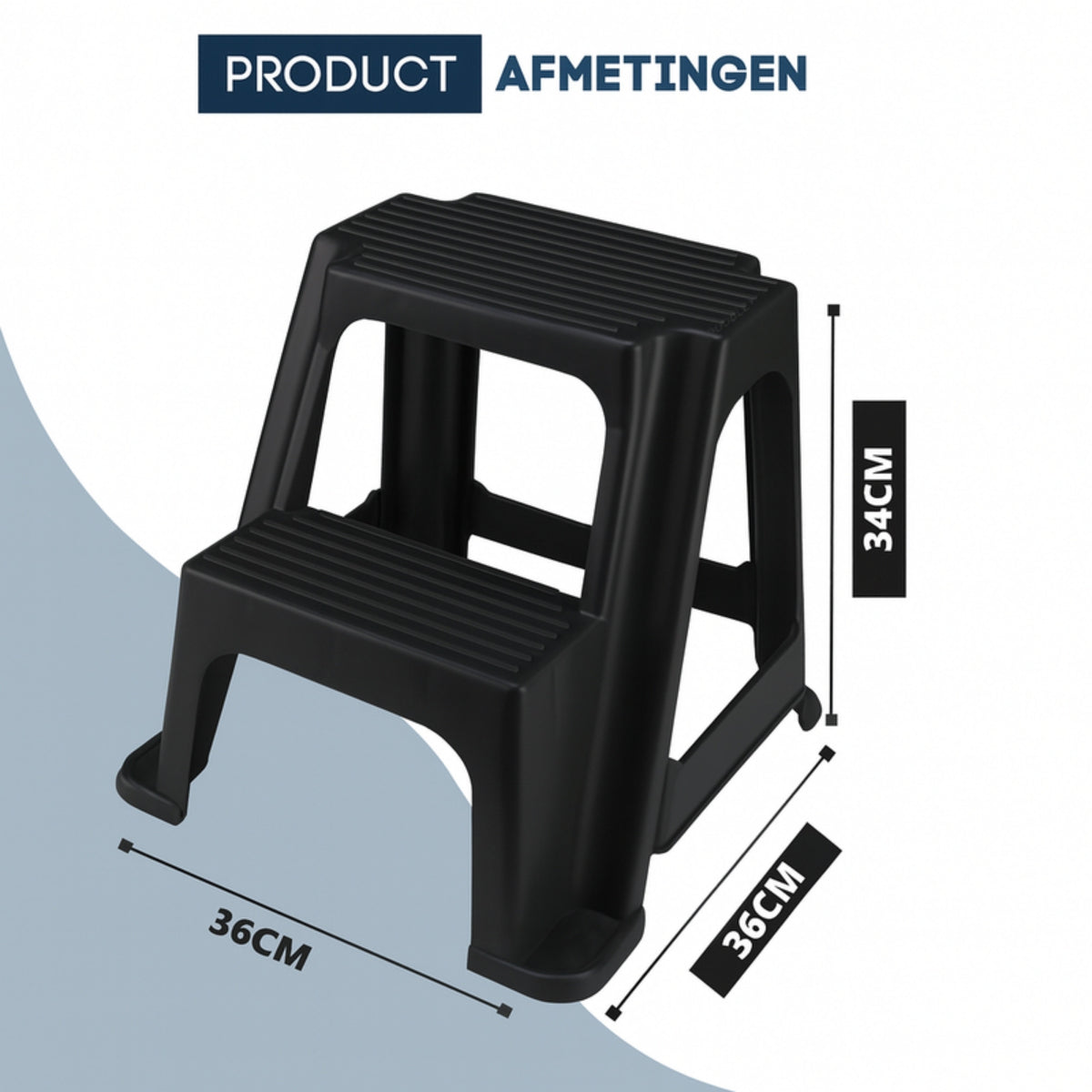 Afmetingen van het zwarte opstapkrukje: 36 cm, 36 cm en 34 cm hoog.