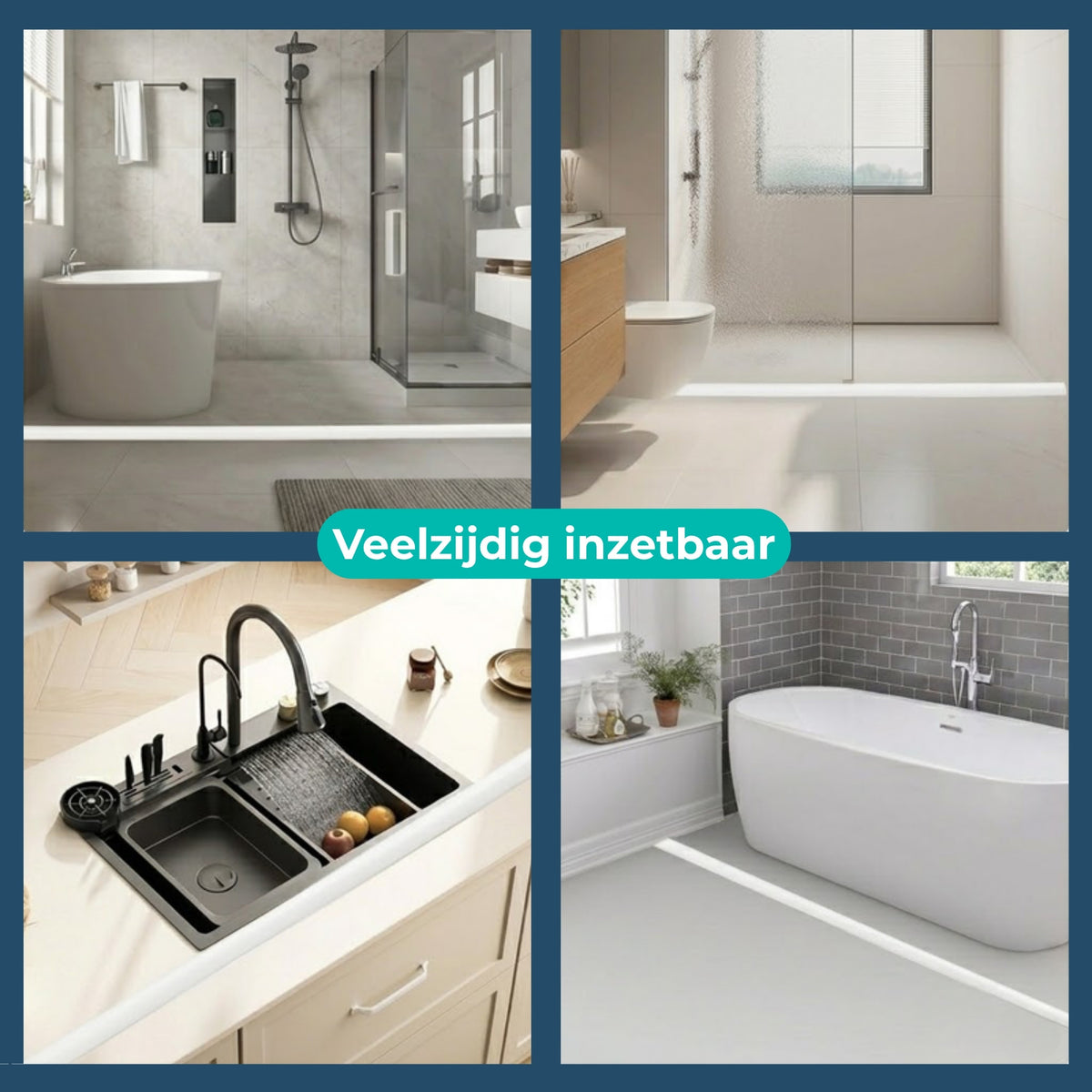 Waterstopper in vier ruimtes: badkamer, douche, keuken en bad.