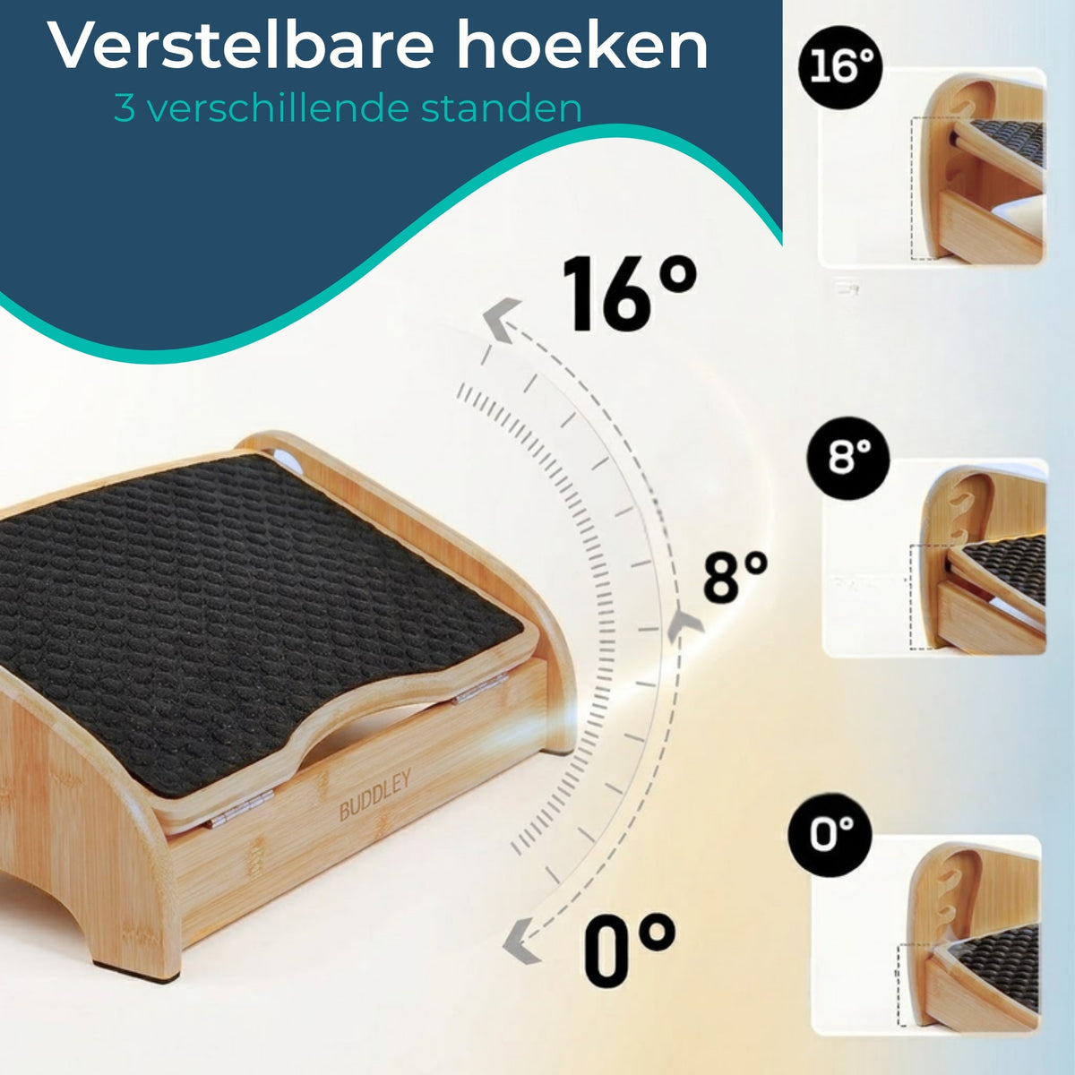 Bamboe voetensteun met verstelbare hoeken in drie standen: 0, 8 en 16 graden.