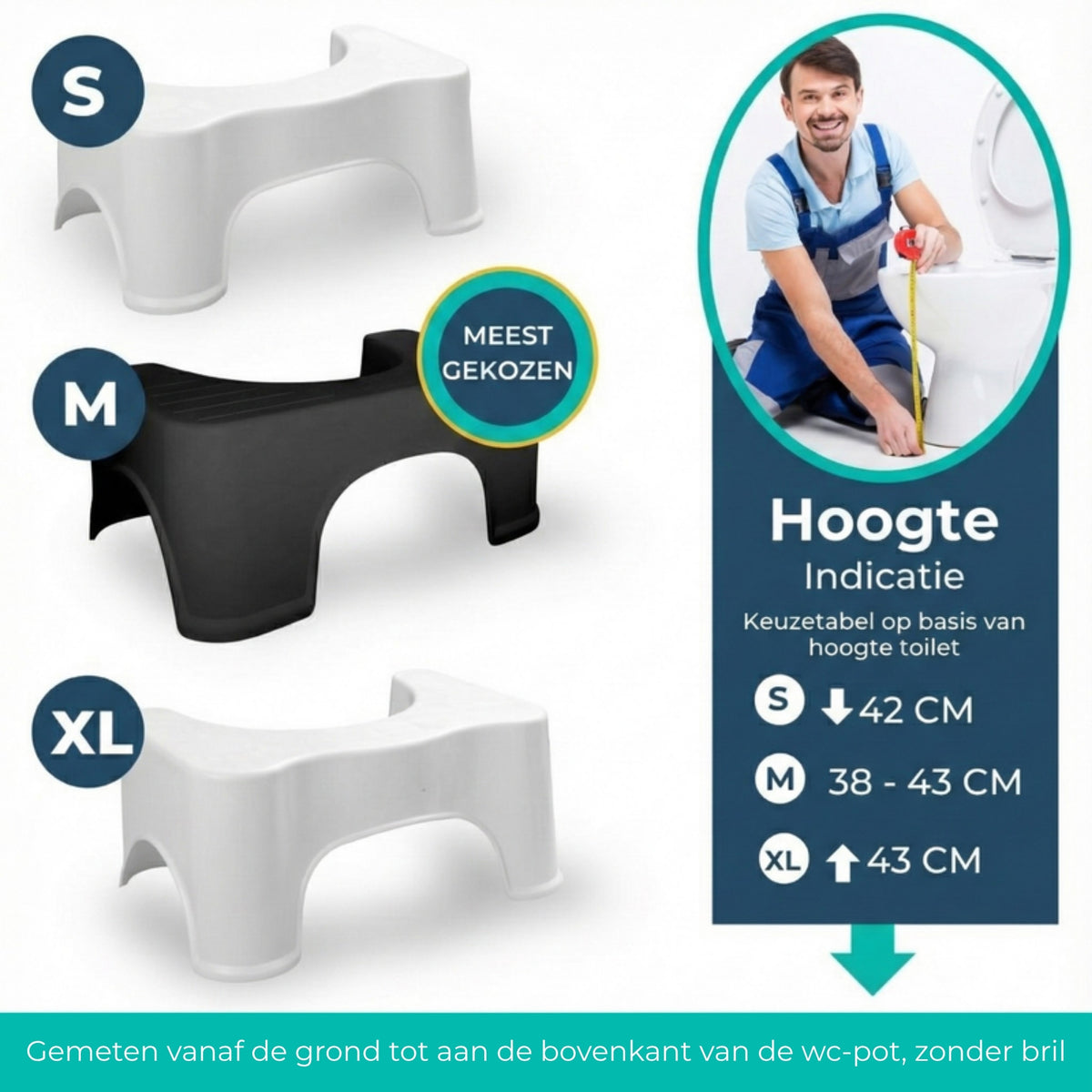 Hoogte-indicatie voor het kiezen van de maat toiletkrukje op basis van de hoogte van het toilet.