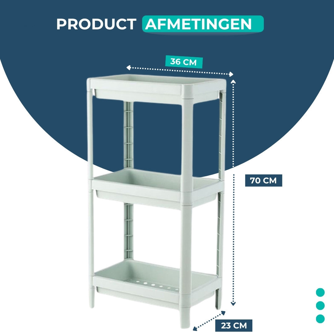Afmetingen van het badkamerrek met 3 etages: 36 cm breed, 23 cm diep en 70 cm hoog.
