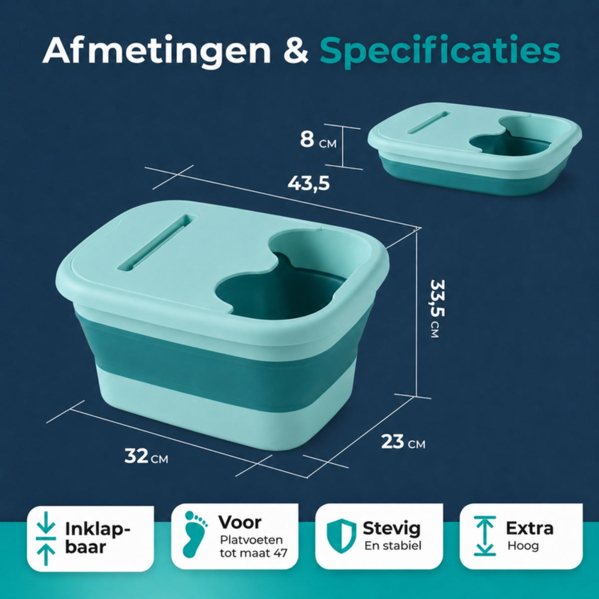 Afmetingen van het groene inklapbare voetenbad met deksel: 43,5 x 32 x 33,5 cm, ingeklapt 8 cm hoog, geschikt voor platvoeten tot maat 47.