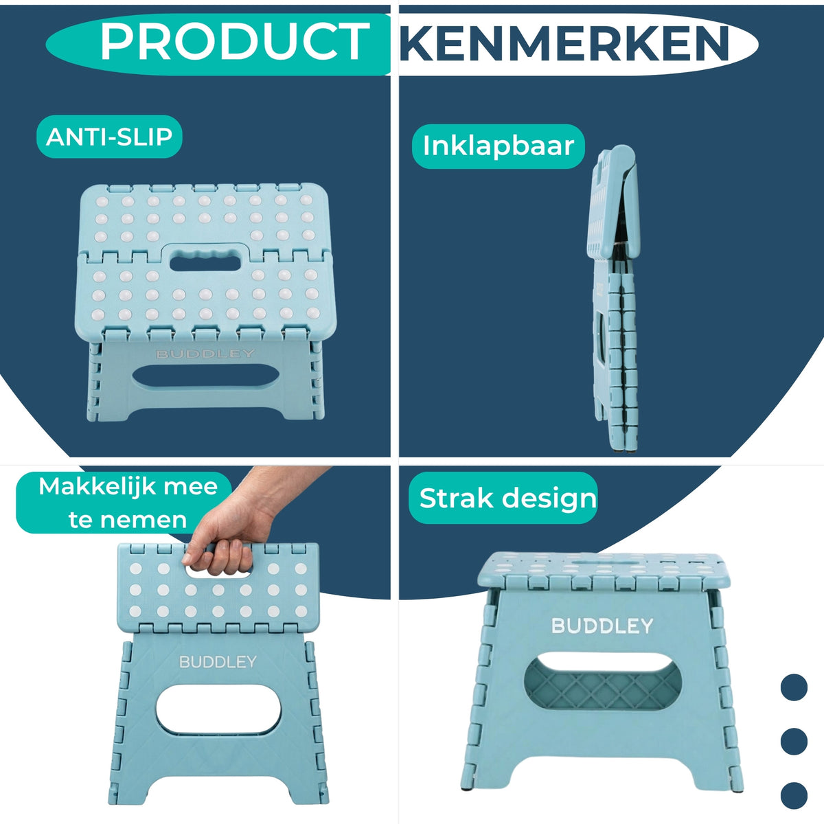 Inklapbaar opstapje XS in petrol met kenmerken: antislip, inklapbaar, makkelijk mee te nemen en strak design.