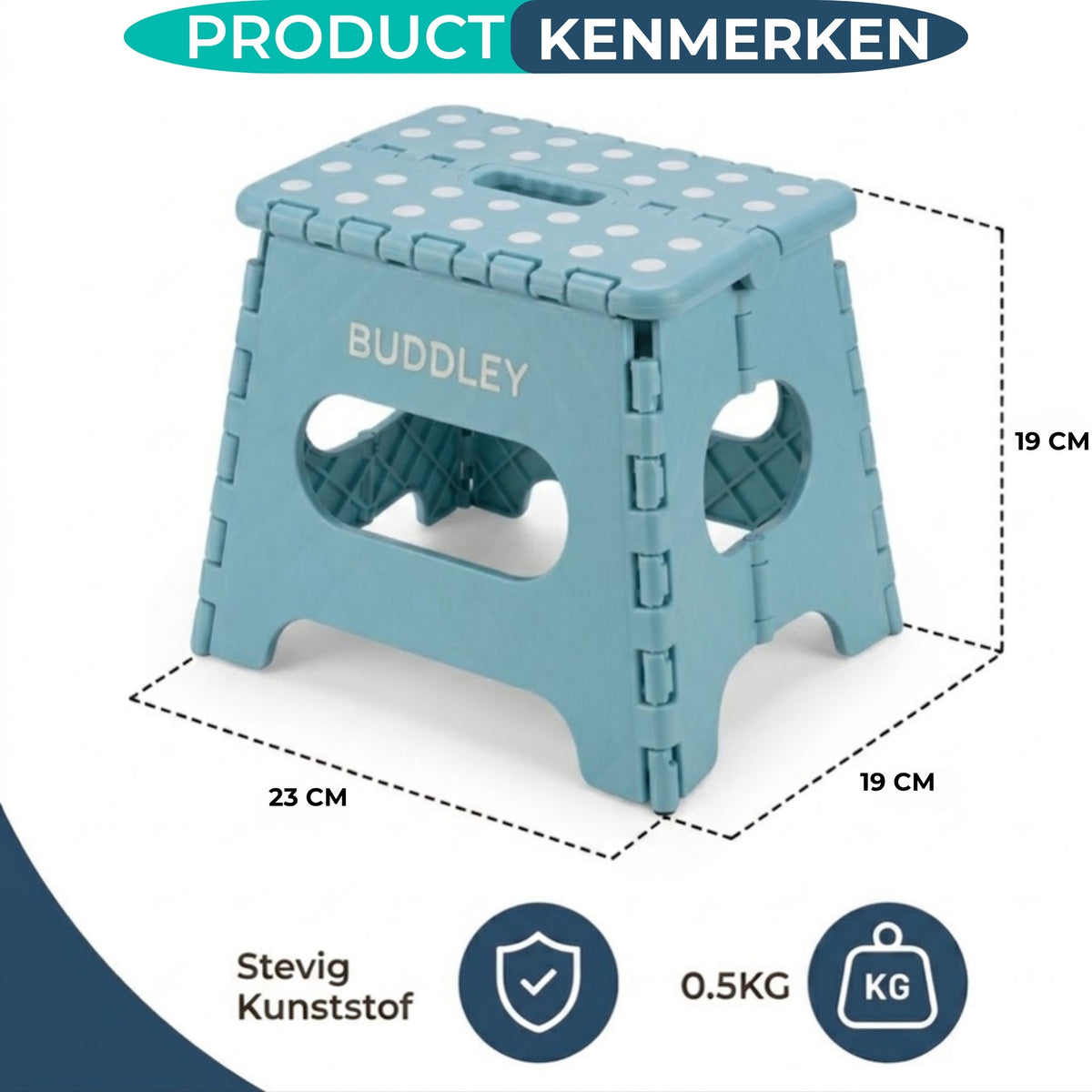 Petrol inklapbaar opstapje XS met afmetingen 23 x 19 x 19 cm en een gewicht van 0,5 kg.