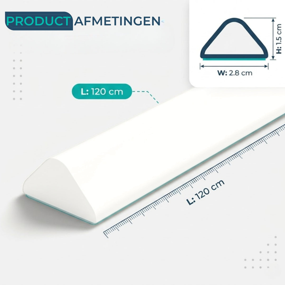 Afmetingen van de waterstopper: lengte 120 cm, breedte 2,8 cm, hoogte 1,5 cm.