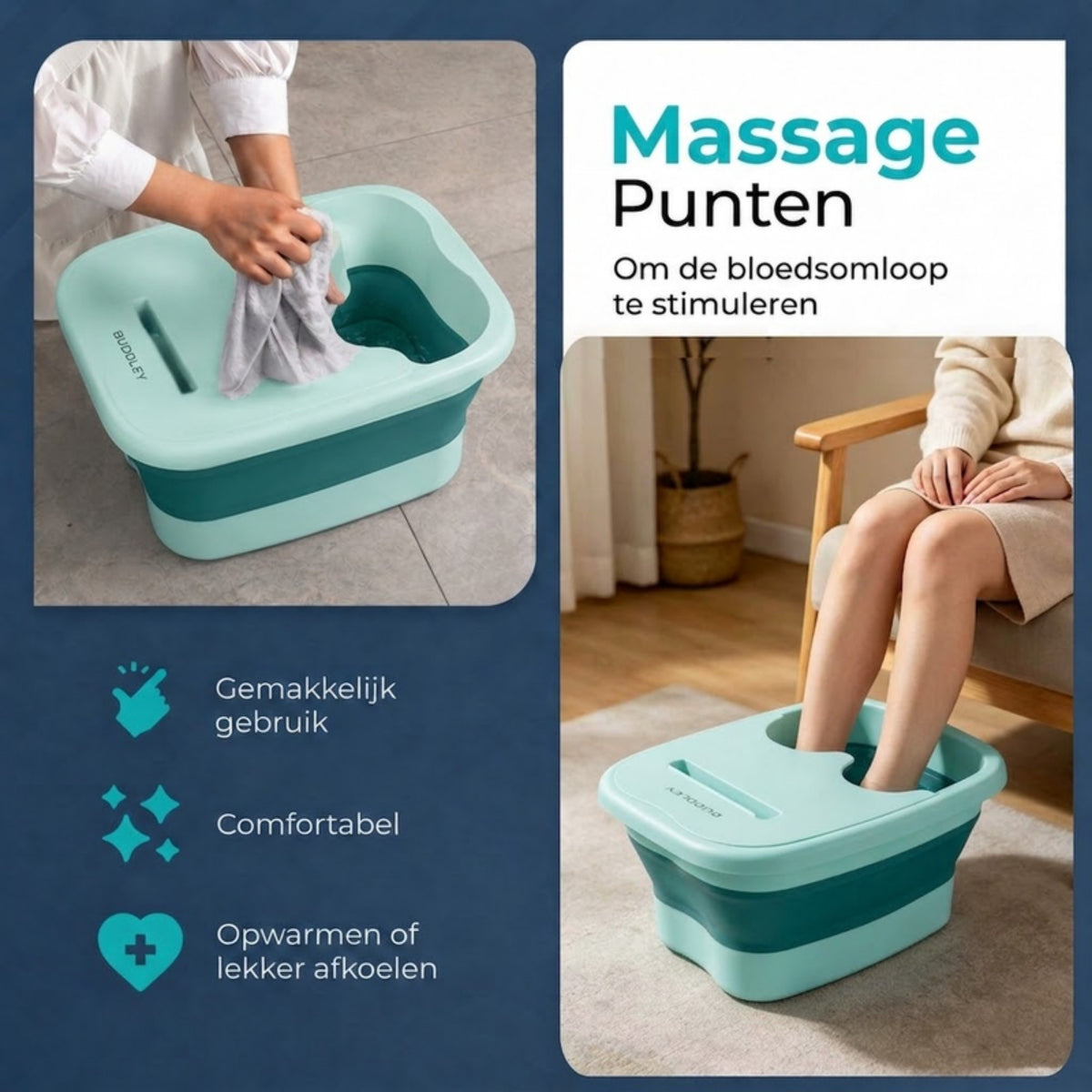 Groen voetenbad met massagepunten om de bloedsomloop te stimuleren, makkelijk in gebruik, comfortabel en geschikt om op te warmen of af te koelen.
