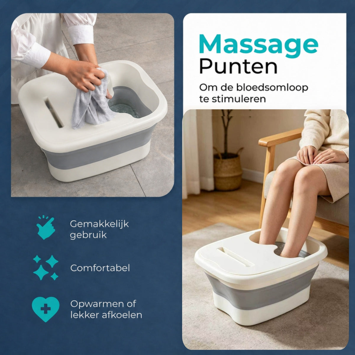 Wit voetenbad met massagepunten om de bloedsomloop te stimuleren, makkelijk in gebruik, comfortabel en geschikt om op te warmen of af te koelen.
