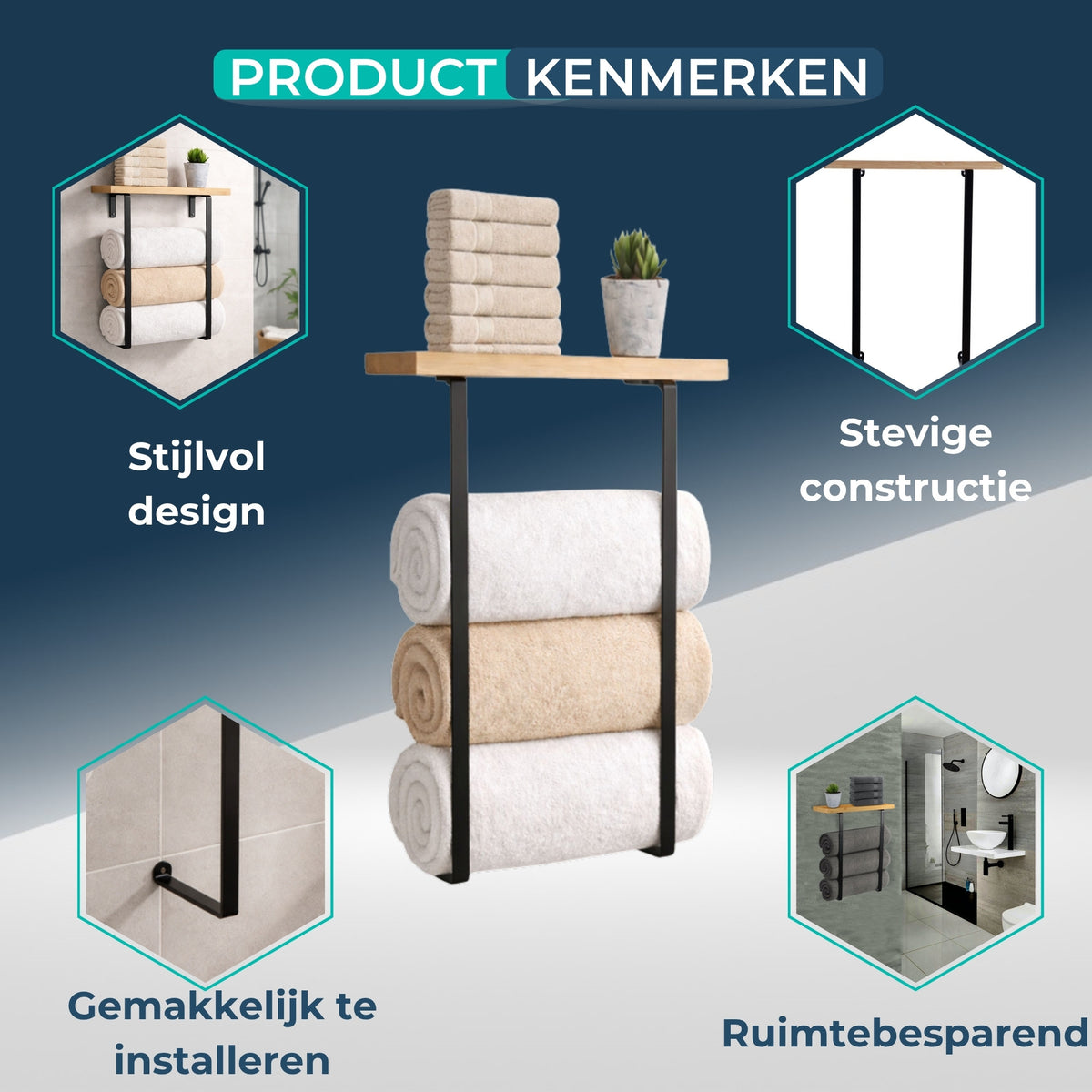 Productkenmerken van de bamboe planchet met handdoekhouder: stijlvol design, stevige constructie, gemakkelijk te installeren en ruimtebesparend.