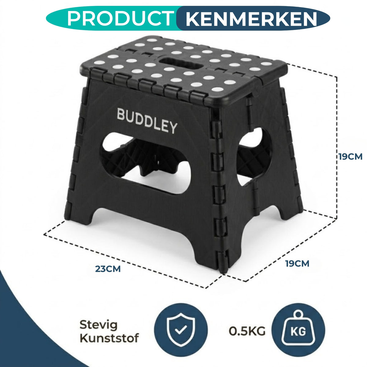 Afmetingen van het zwarte inklapbare opstapje XS: 23 x 19 x 19 cm, gewicht 0,5 kg, stevig kunststof.