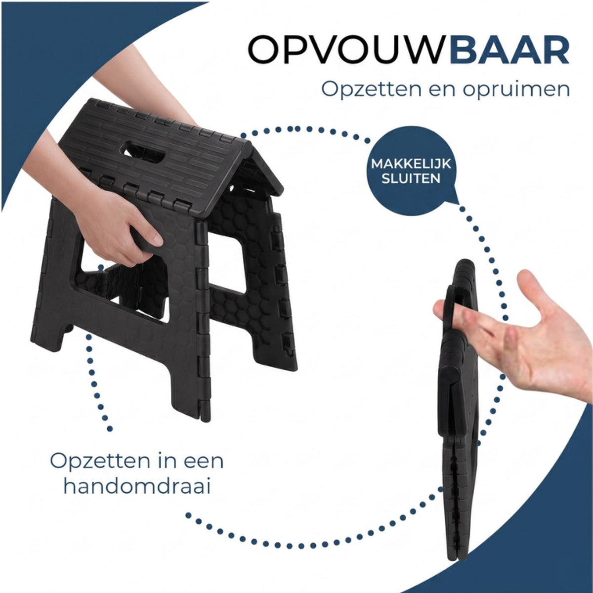 Zwart opvouwbaar opstapje dat in een handomdraai wordt opgezet en opgeruimd.
