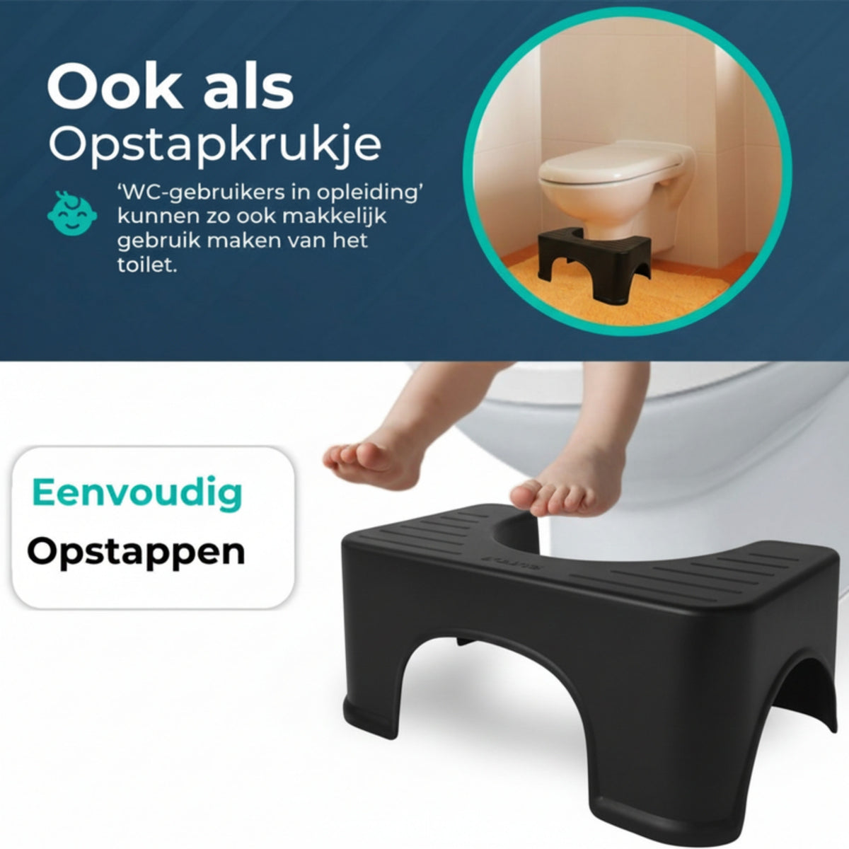 Zwart toiletkrukje ook te gebruiken als opstapkrukje voor kinderen bij het toilet.