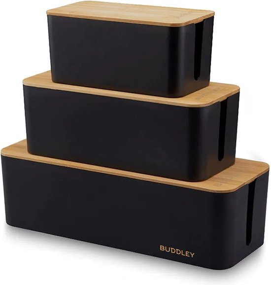 Kabelbox Zwart met Bamboe cover | SET drie stuks | M-L en XL
