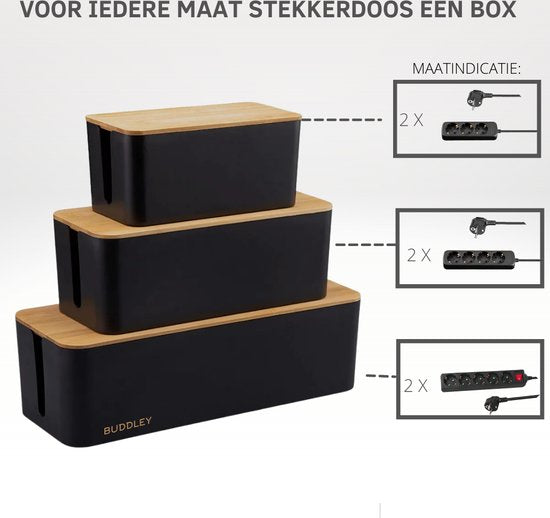 Kabelbox Zwart met Bamboe cover | SET drie stuks | M-L en XL