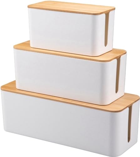 Kabelbox Weiß mit Bambusabdeckung | SET dreiteilig | ML und XL