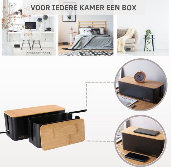 Kabelbox Zwart met Bamboe cover | SET drie stuks | M-L en XL