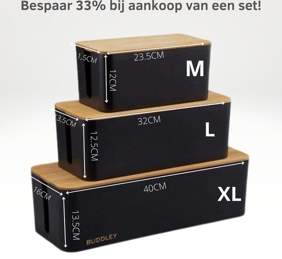 Kabelbox Zwart met Bamboe cover | SET drie stuks | M-L en XL