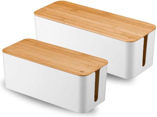 Kabelbox Weiß mit Bambusabdeckung | SET zweiteilig | M und L