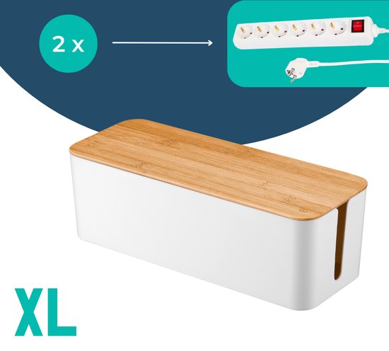 Relaxdays kabelbox voor 2 stekkerdozen, bamboe deksel, kunststof, HxBxD: 13 x 31 x 14 cm, kabels verstoppen, wit/natuur Relaxdays kabelbox voor 2 stekkerdozen, bamboe deksel, kunststof, HxBxD: 13 x 31 x 14 cm, kabels verstoppen, wit/natuur